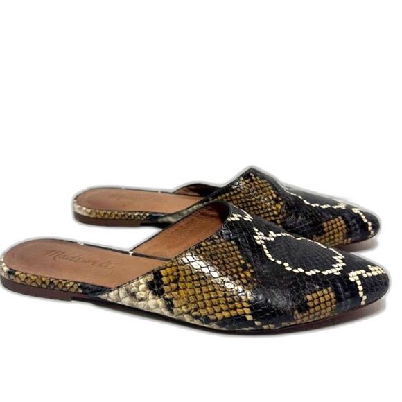 Madewell Remi Mule Women's Sz 8.5 Black Green Snake Print Leather Slides Slip On - Picture 1 of 5